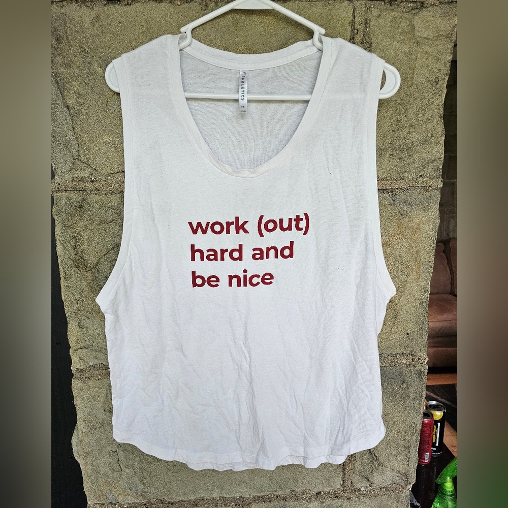 Fabletics White Muscle Tee with Red Text